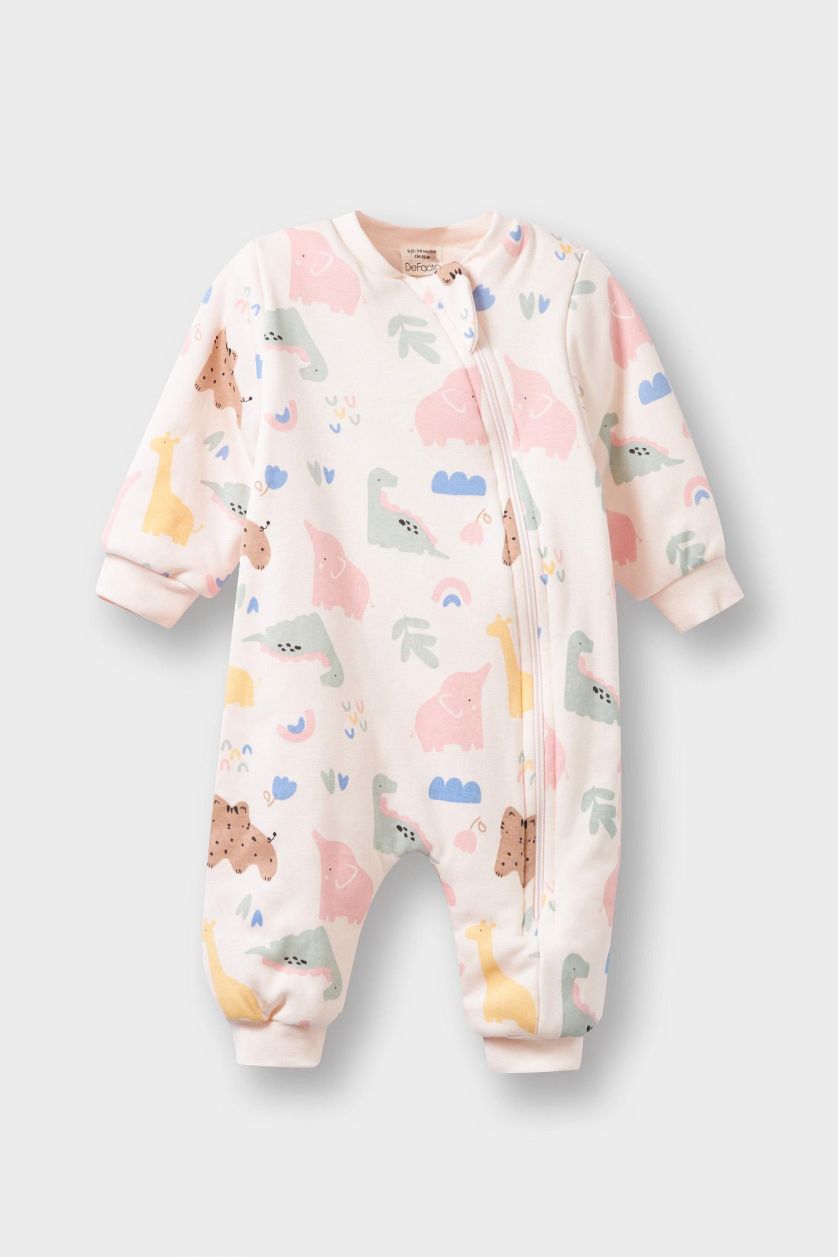 BABY GIRL Light Pink Baby Girl 1 Tog Fiber Dinosaur Printed Zippered Jumpsuit