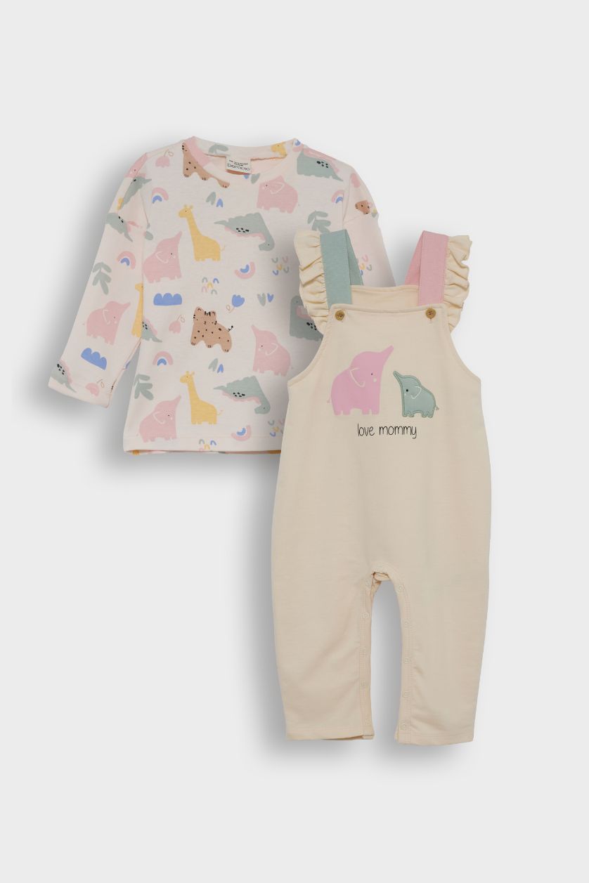 Kız Bebek Ekru Kız Bebek 2'li Takım Dinozor Baskılı Uzun Kollu Tişört Salopet Tulum