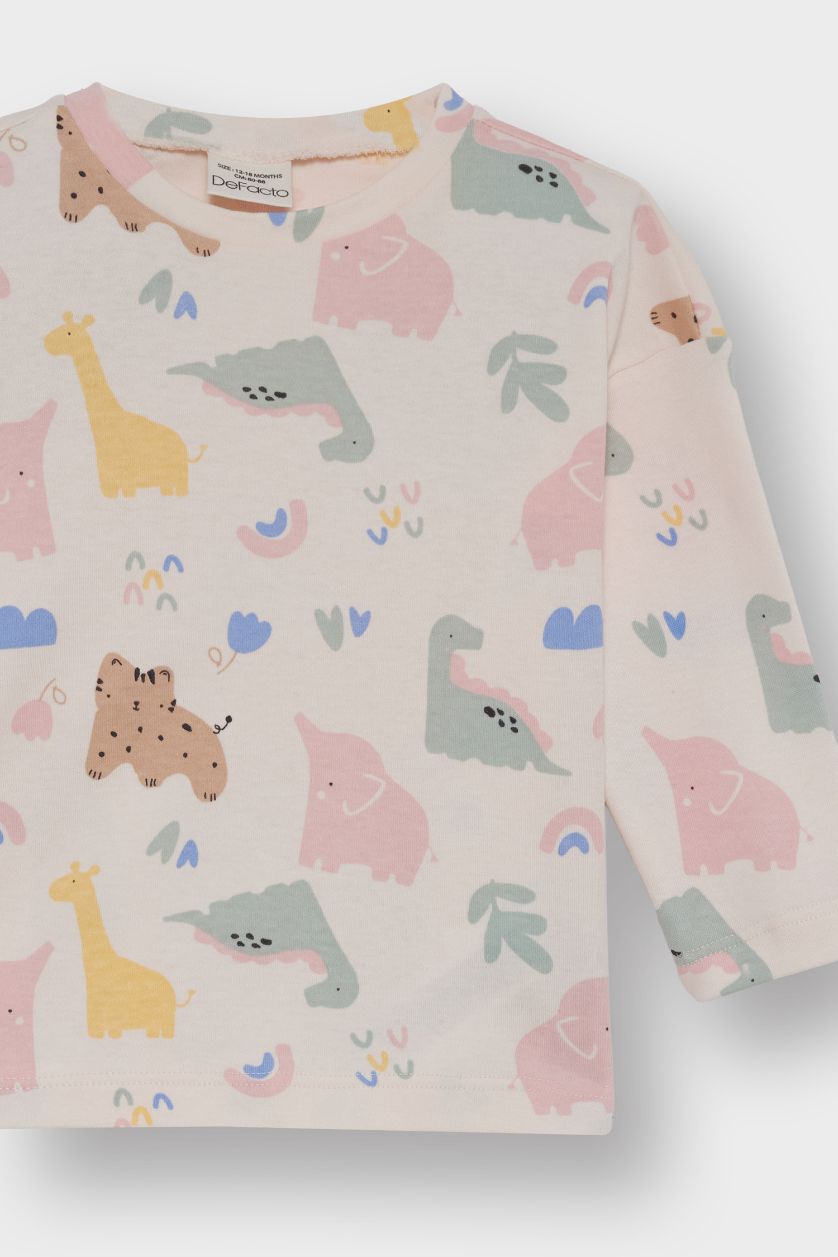 Kız Bebek Ekru Kız Bebek 2'li Takım Dinozor Baskılı Uzun Kollu Tişört Salopet Tulum