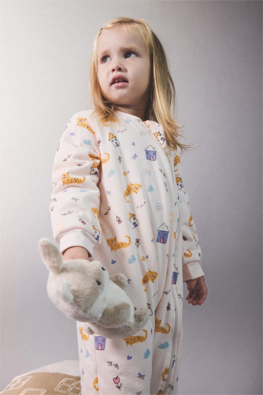 Kız Bebek Açık Pembe Kız Bebek Yenidoğan 1 Tog Elyaf Desenli Fermuarlı Penye Uzun Kollu Tulum