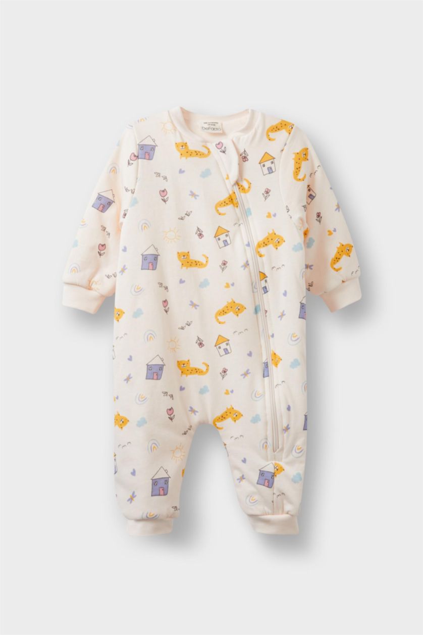 Kız Bebek Açık Pembe Kız Bebek Yenidoğan 1 Tog Elyaf Desenli Fermuarlı Penye Uzun Kollu Tulum