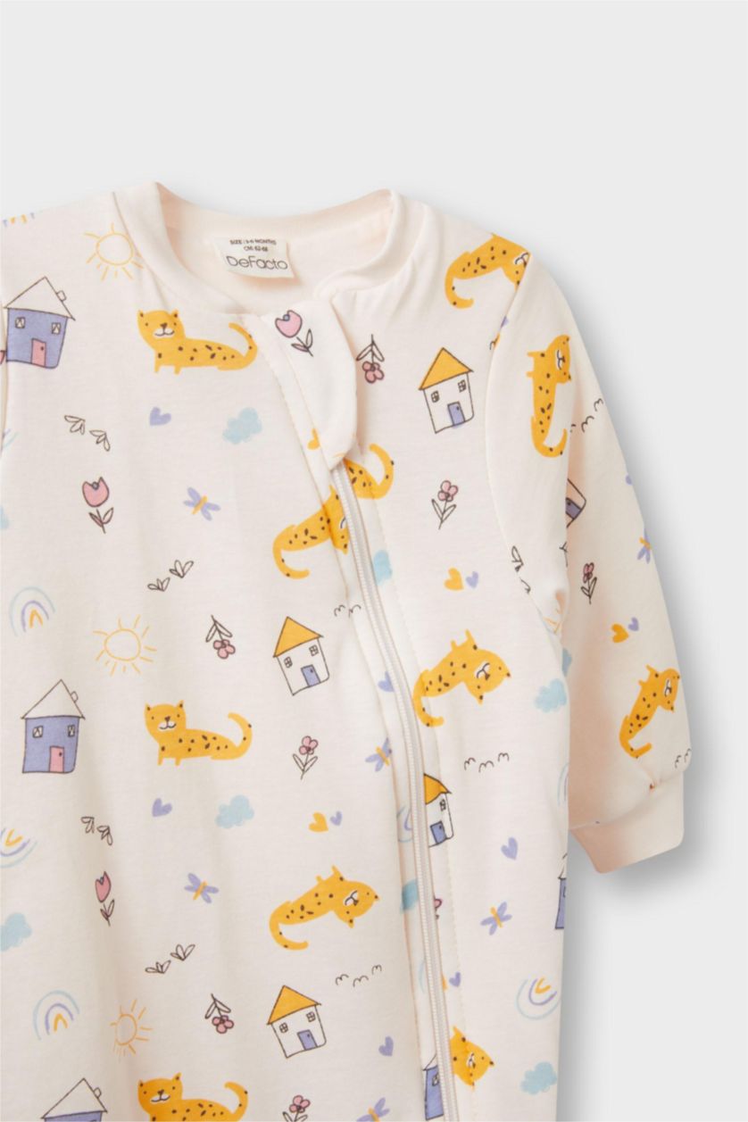 Kız Bebek Açık Pembe Kız Bebek Yenidoğan 1 Tog Elyaf Desenli Fermuarlı Penye Uzun Kollu Tulum