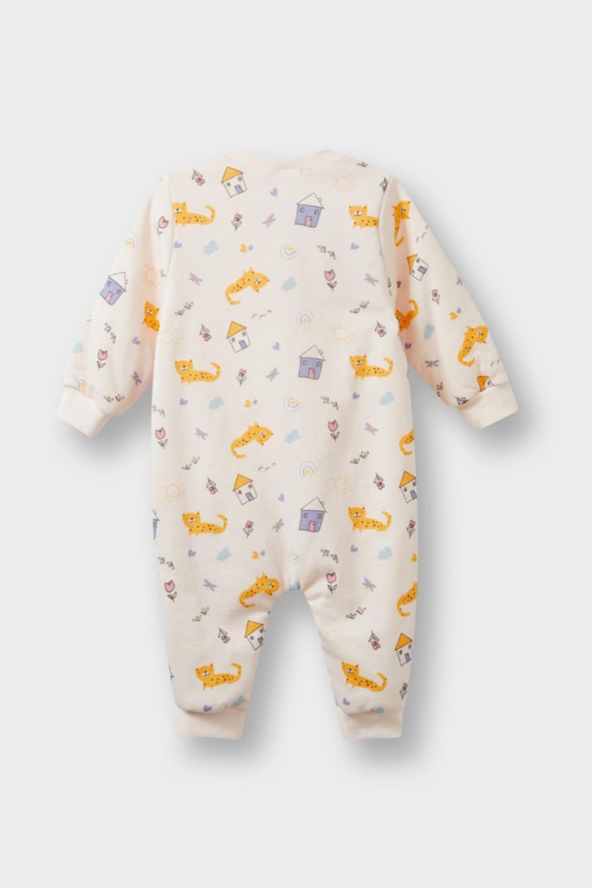 Kız Bebek Açık Pembe Kız Bebek Yenidoğan 1 Tog Elyaf Desenli Fermuarlı Penye Uzun Kollu Tulum