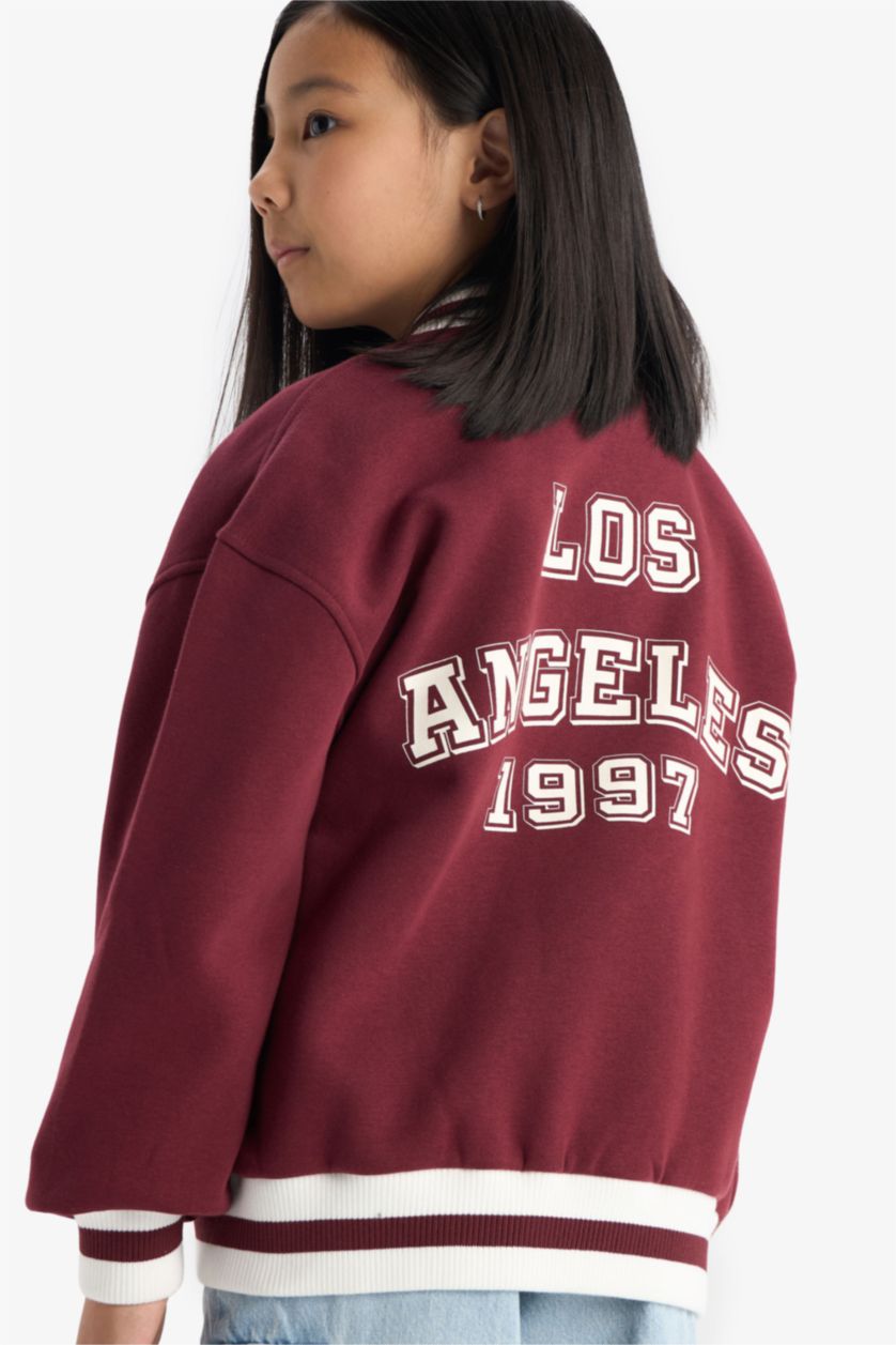 بناتي خمري كارديجان بناتي اوفر سايز تقيل بطبعة شعار برقبة مستديرة