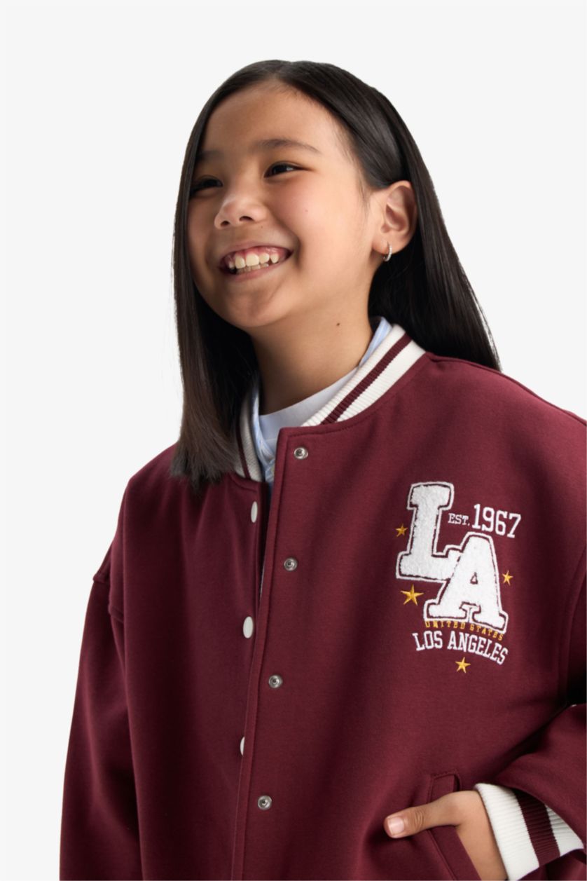 بناتي خمري كارديجان بناتي اوفر سايز تقيل بطبعة شعار برقبة مستديرة