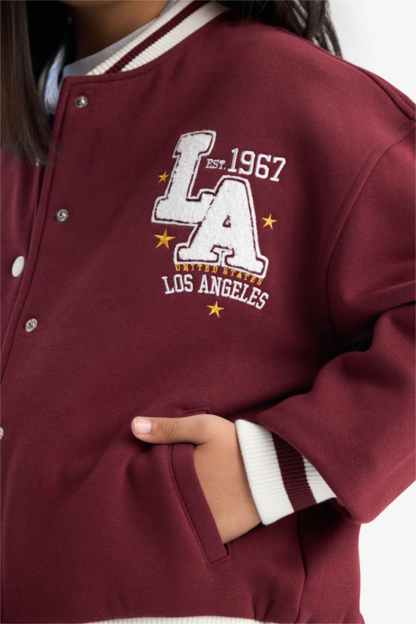 بناتي خمري كارديجان بناتي اوفر سايز تقيل بطبعة شعار برقبة مستديرة