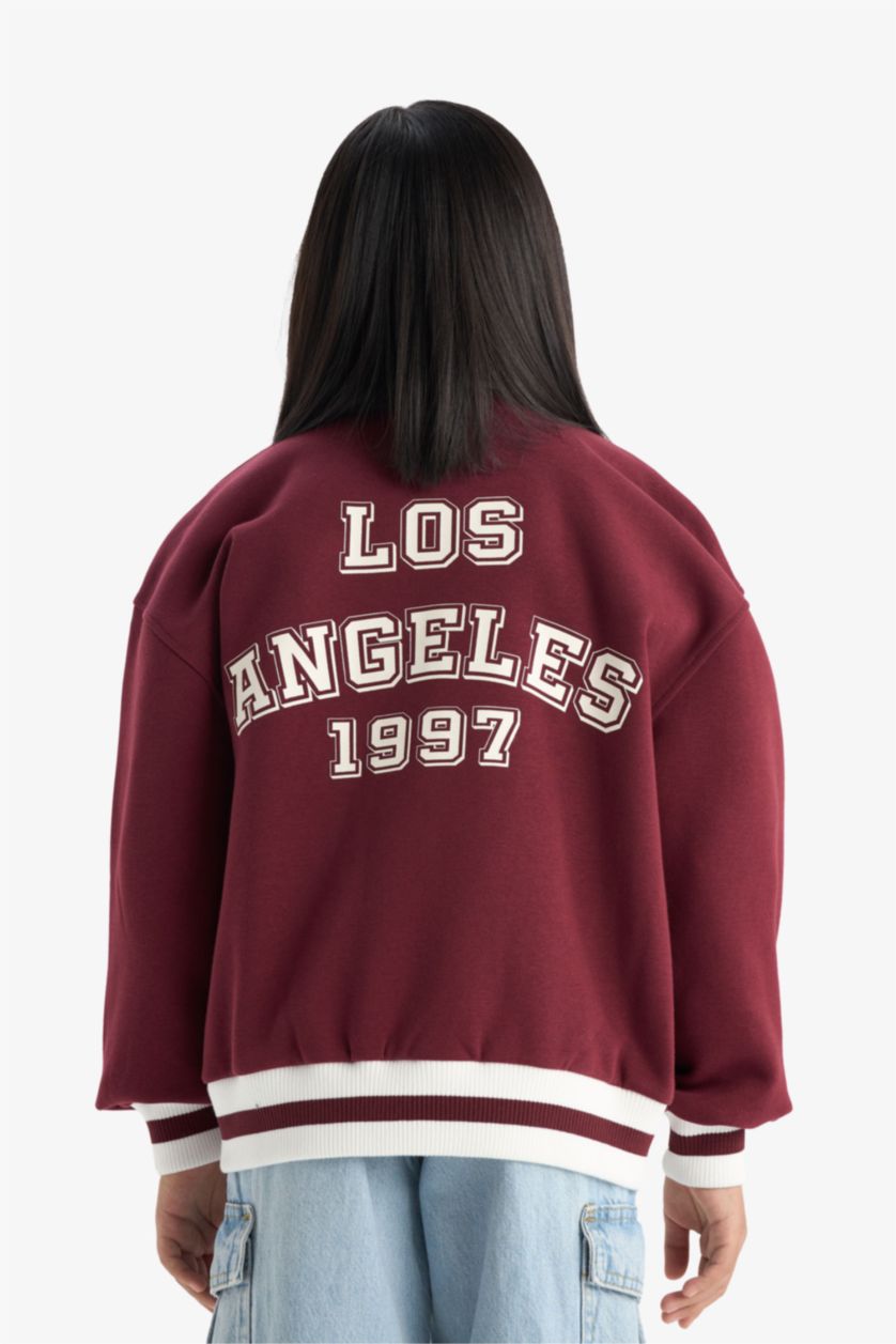 بناتي خمري كارديجان بناتي اوفر سايز تقيل بطبعة شعار برقبة مستديرة