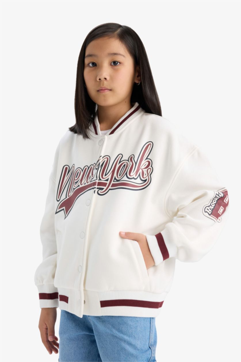 Girls & Teens Ecru Girl College Printed College Collar Thick Fabric Bomber Jacket