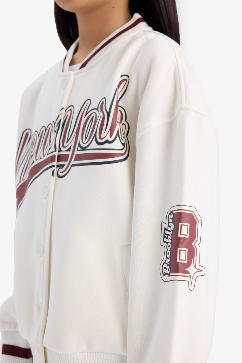 Girls & Teens Ecru Girl College Printed College Collar Thick Fabric Bomber Jacket