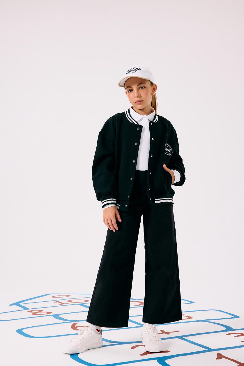 GIRLS & TEENS Black Girl Printed College Collar Bomber Jacket