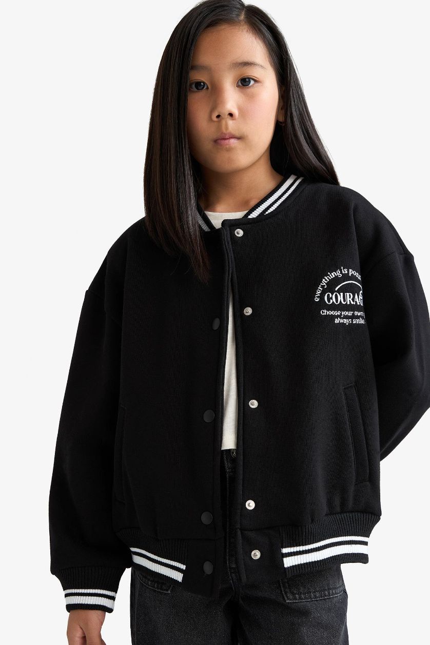GIRLS & TEENS Black Girl Printed College Collar Bomber Jacket