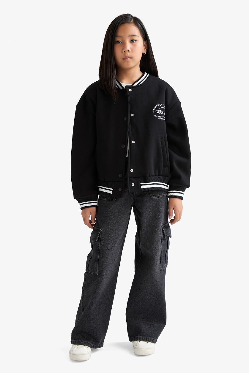 GIRLS & TEENS Black Girl Printed College Collar Bomber Jacket