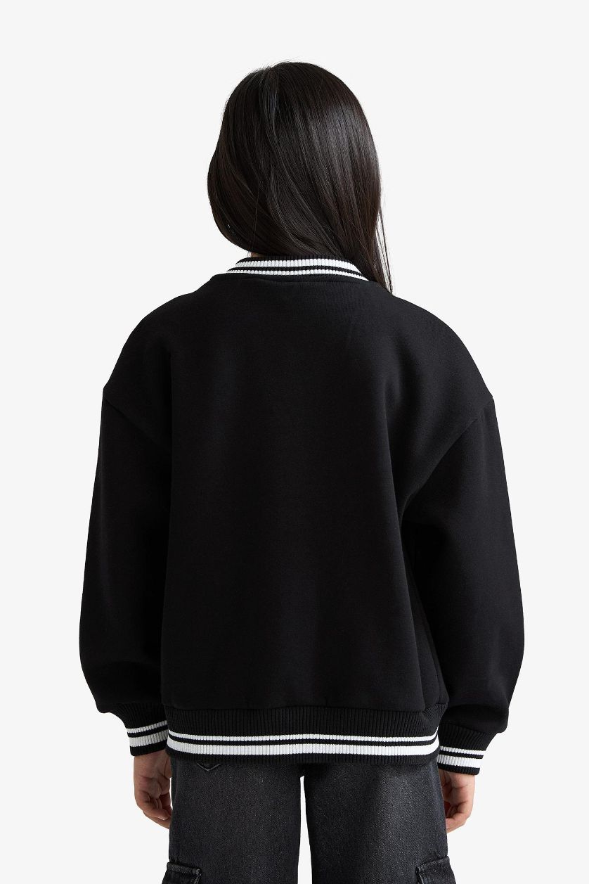 GIRLS & TEENS Black Girl Printed College Collar Bomber Jacket