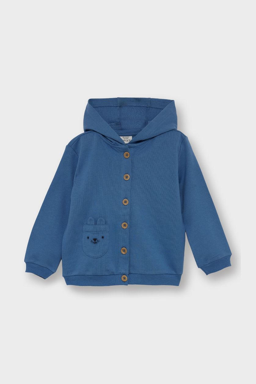 Erkek Bebek Mavi Erkek Bebek 3'lü Takım Kapüşonlu Düğmeli Hırka Baskılı Uzun Kollu Tişört Çizgili Alt