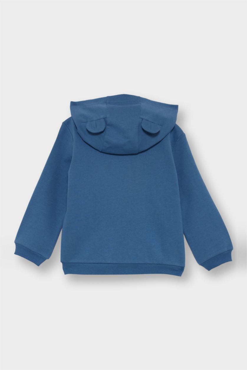 Erkek Bebek Mavi Erkek Bebek 3'lü Takım Kapüşonlu Düğmeli Hırka Baskılı Uzun Kollu Tişört Çizgili Alt