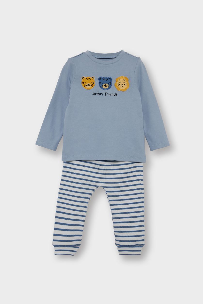 Erkek Bebek Mavi Erkek Bebek 3'lü Takım Kapüşonlu Düğmeli Hırka Baskılı Uzun Kollu Tişört Çizgili Alt