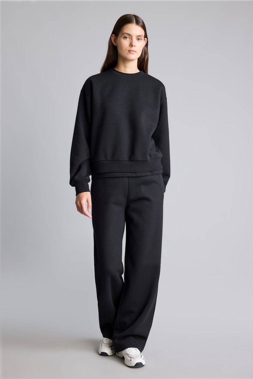 Woman Black Straight Fit Thick Sweatshirt Fabric Trousers