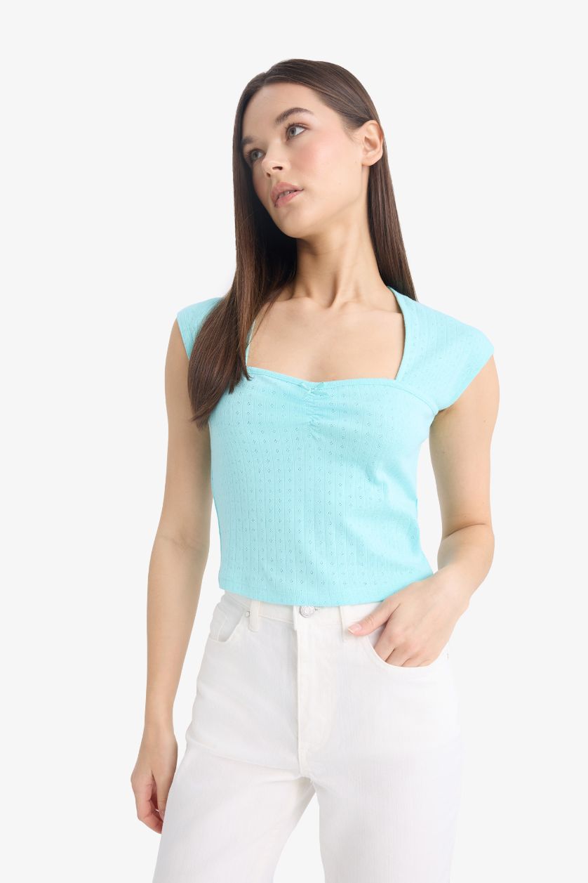 Kadın Deniz Mavisi Fitted Crop Kısa Kollu Tişört