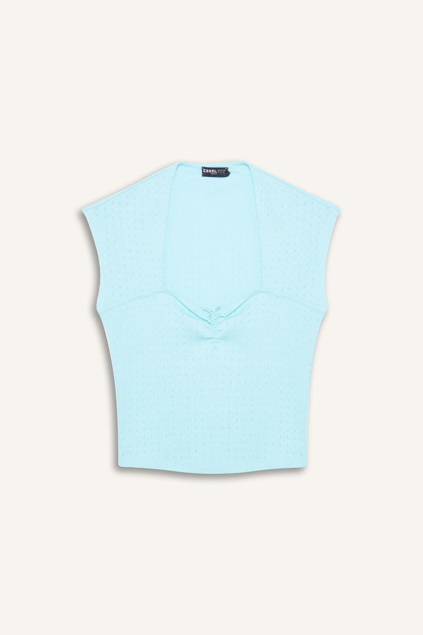 Kadın Deniz Mavisi Fitted Crop Kısa Kollu Tişört