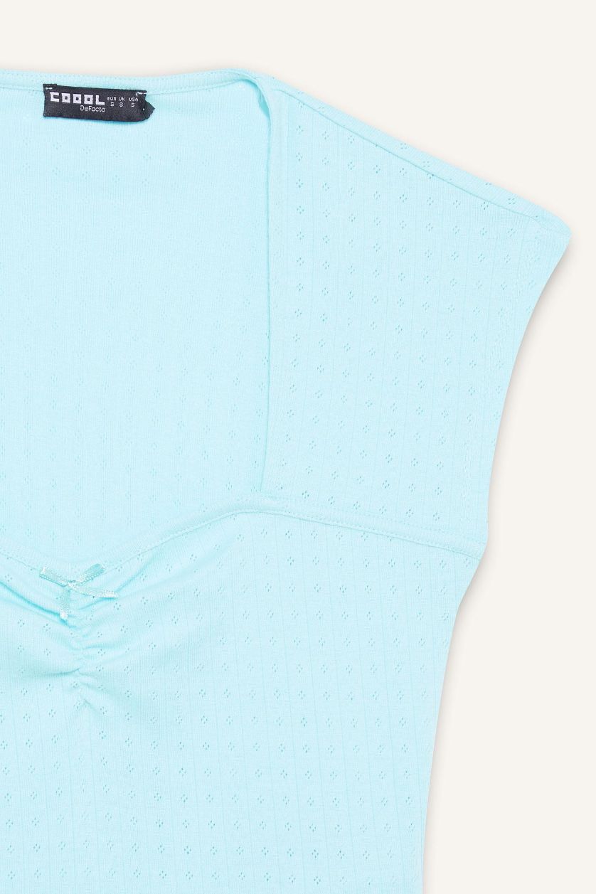 Kadın Deniz Mavisi Fitted Crop Kısa Kollu Tişört