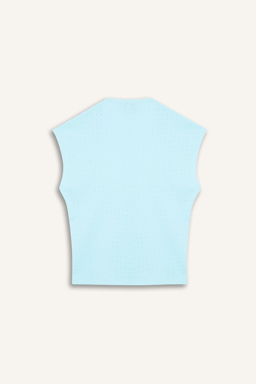 Kadın Deniz Mavisi Fitted Crop Kısa Kollu Tişört