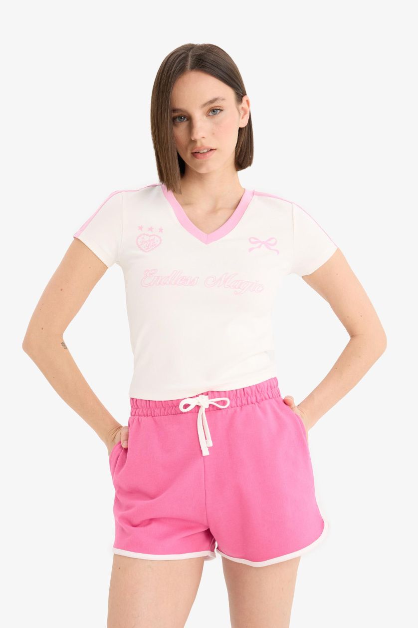 Woman White Fitted V Neck Printed Ribbed Short Sleeve T-Shirt