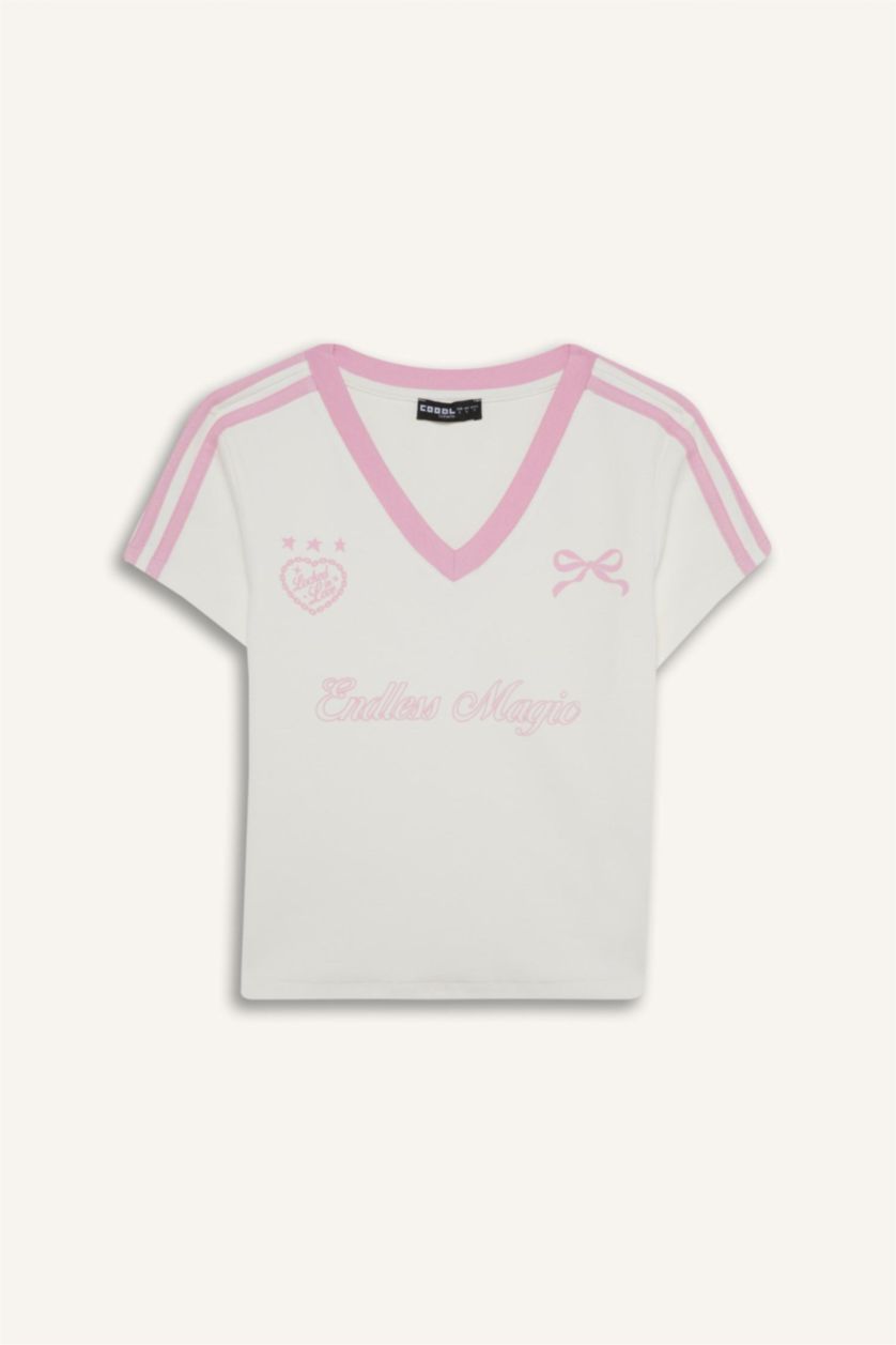 Woman White Fitted V Neck Printed Ribbed Short Sleeve T-Shirt