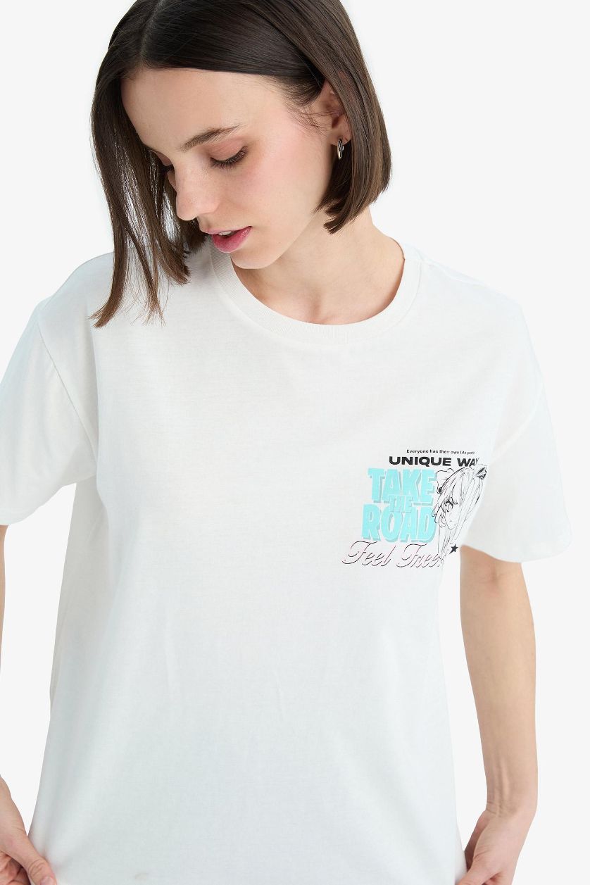 Kadın Kırık Beyaz Oversize Geniş Kalıp Bisiklet Yaka Baskılı Kısa Kollu Tişört
