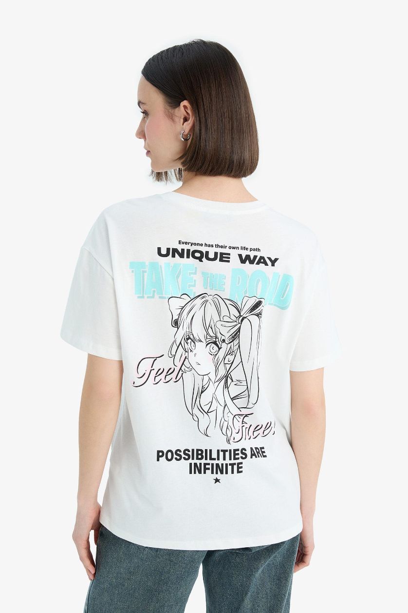 Kadın Kırık Beyaz Oversize Geniş Kalıp Bisiklet Yaka Baskılı Kısa Kollu Tişört