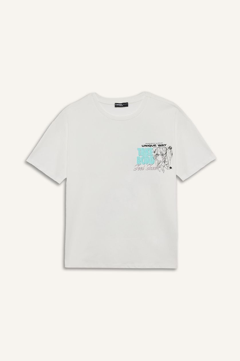 Kadın Kırık Beyaz Oversize Geniş Kalıp Bisiklet Yaka Baskılı Kısa Kollu Tişört