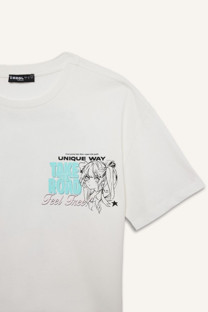 Kadın Kırık Beyaz Oversize Geniş Kalıp Bisiklet Yaka Baskılı Kısa Kollu Tişört