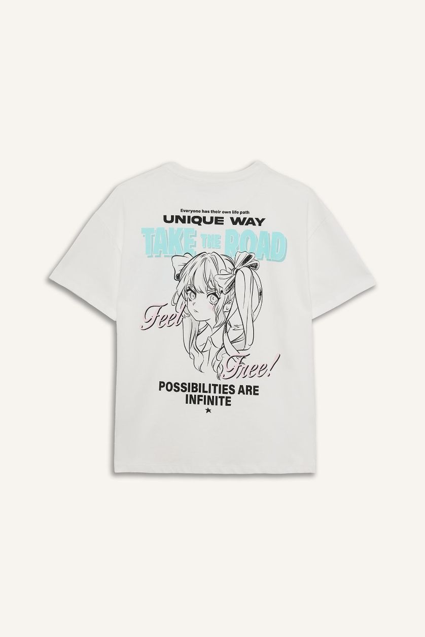 Kadın Kırık Beyaz Oversize Geniş Kalıp Bisiklet Yaka Baskılı Kısa Kollu Tişört