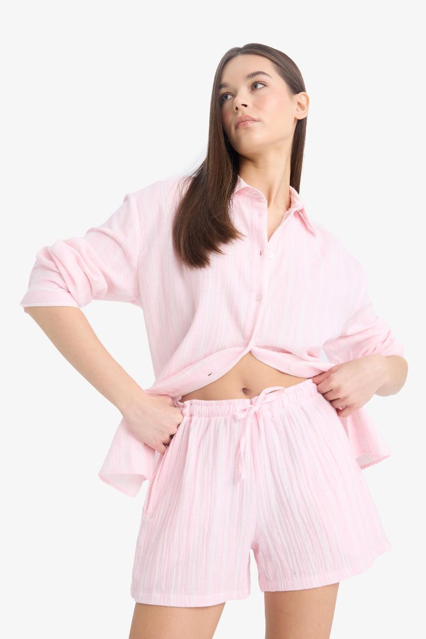 Kadın Açık Pembe A Kesim Beli Lastikli Bağcıklı Müslin Şort