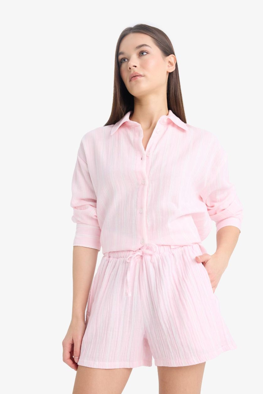 Kadın Açık Pembe A Kesim Beli Lastikli Bağcıklı Müslin Şort