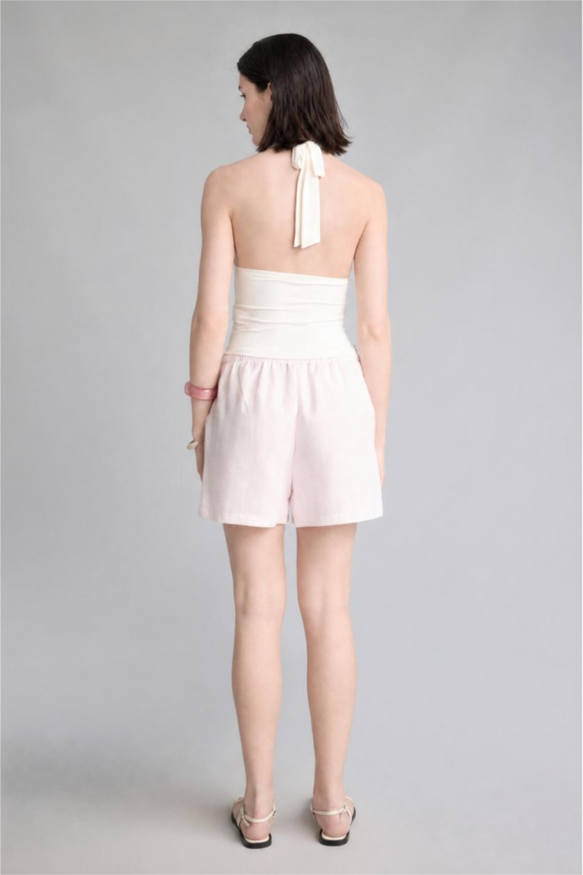 WOMAN Light Pink A Cut Muslin Striped Normal Waist Short Leg Shorts