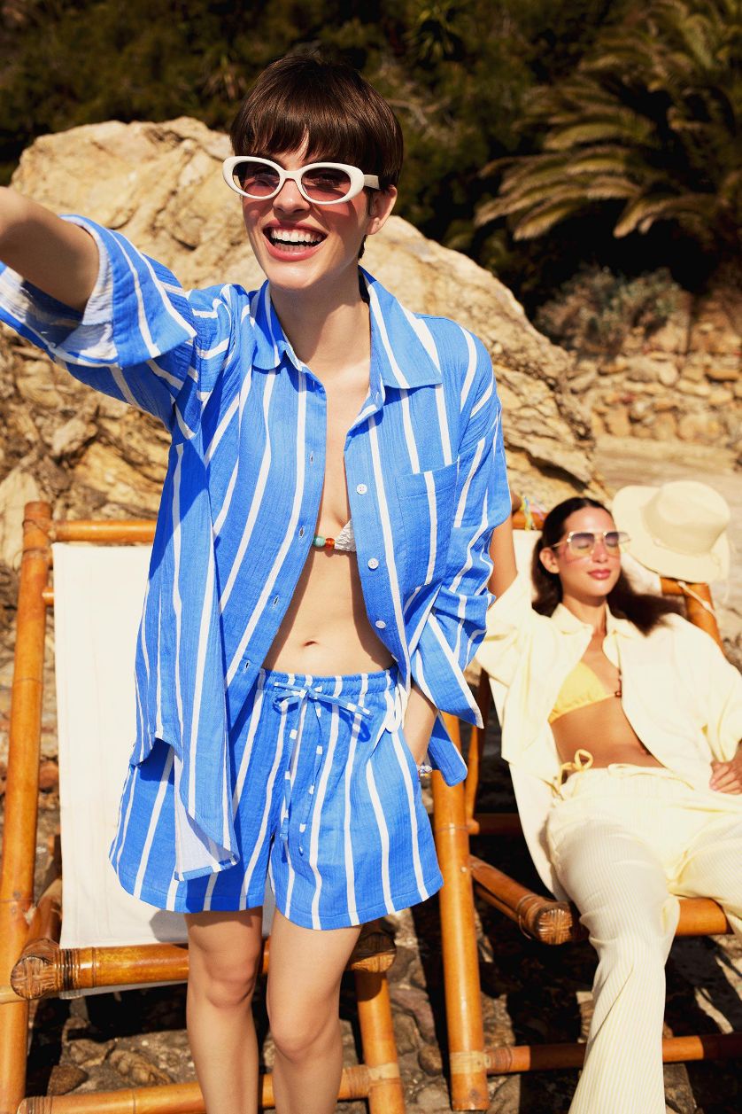 WOMAN Blue Oversize Fit Shirt Collar Muslin Long Sleeve Shirt