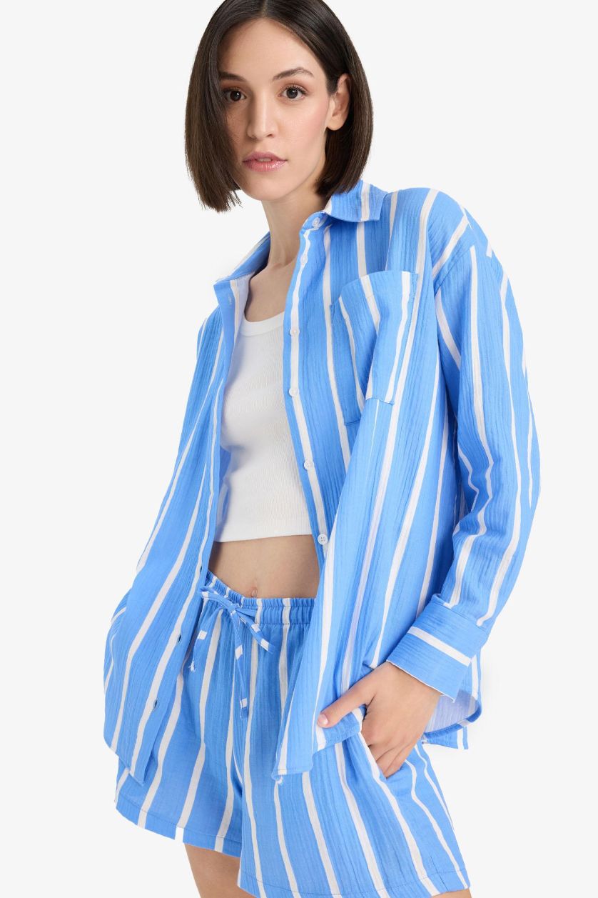 WOMAN Blue Oversize Fit Shirt Collar Muslin Long Sleeve Shirt