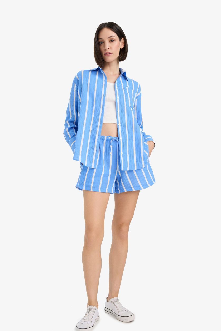 WOMAN Blue Oversize Fit Shirt Collar Muslin Long Sleeve Shirt