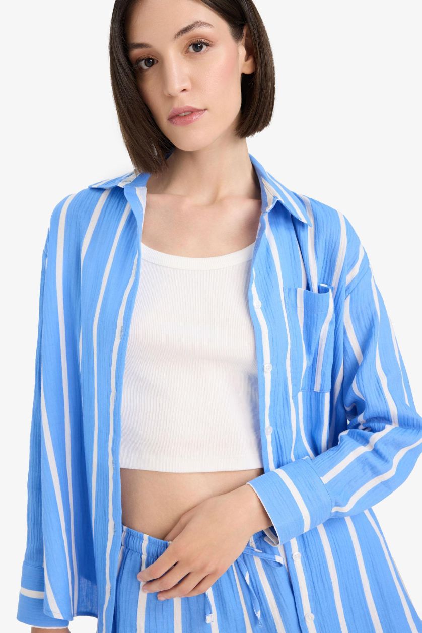 WOMAN Blue Oversize Fit Shirt Collar Muslin Long Sleeve Shirt