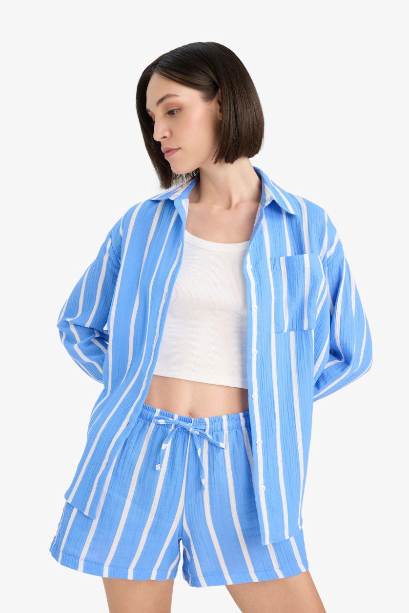 WOMAN Blue Oversize Fit Shirt Collar Muslin Long Sleeve Shirt