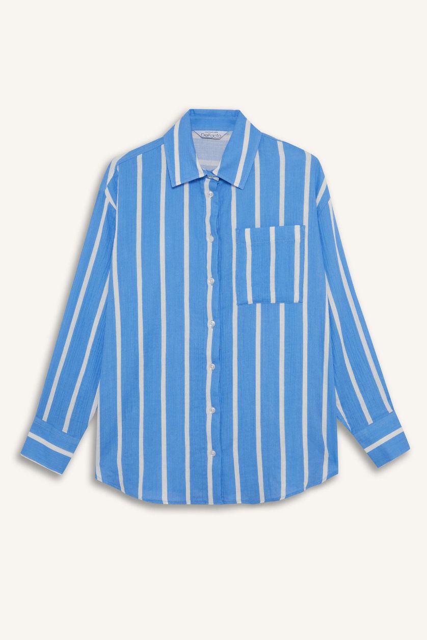 WOMAN Blue Oversize Fit Shirt Collar Muslin Long Sleeve Shirt