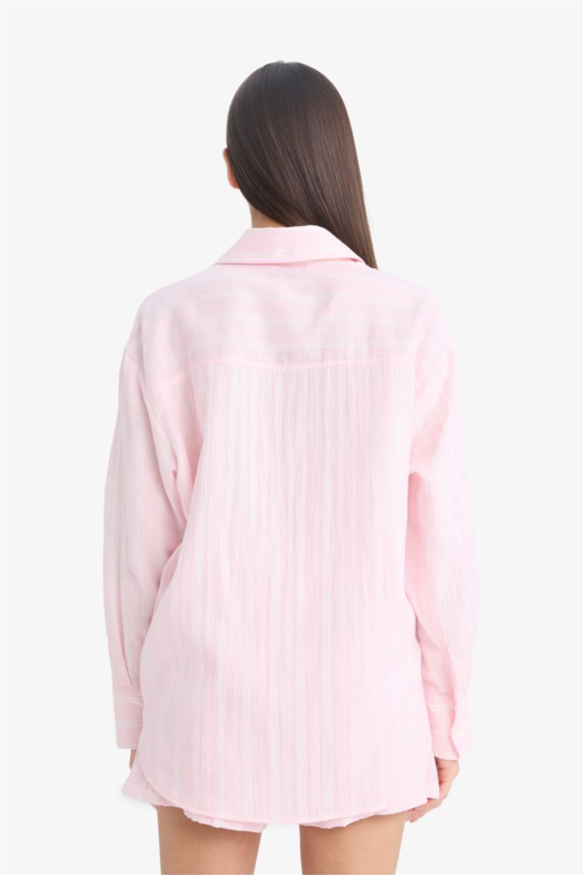 نساء زهري فاتح قميص ردن طويل موسلين اوفر سايز