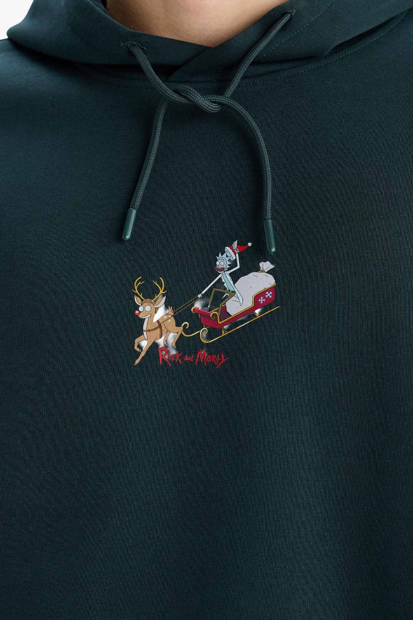 رجالي أخضر سويت شيرت مطبوع أوفر سايز بكابيشون من ريك ومورتي