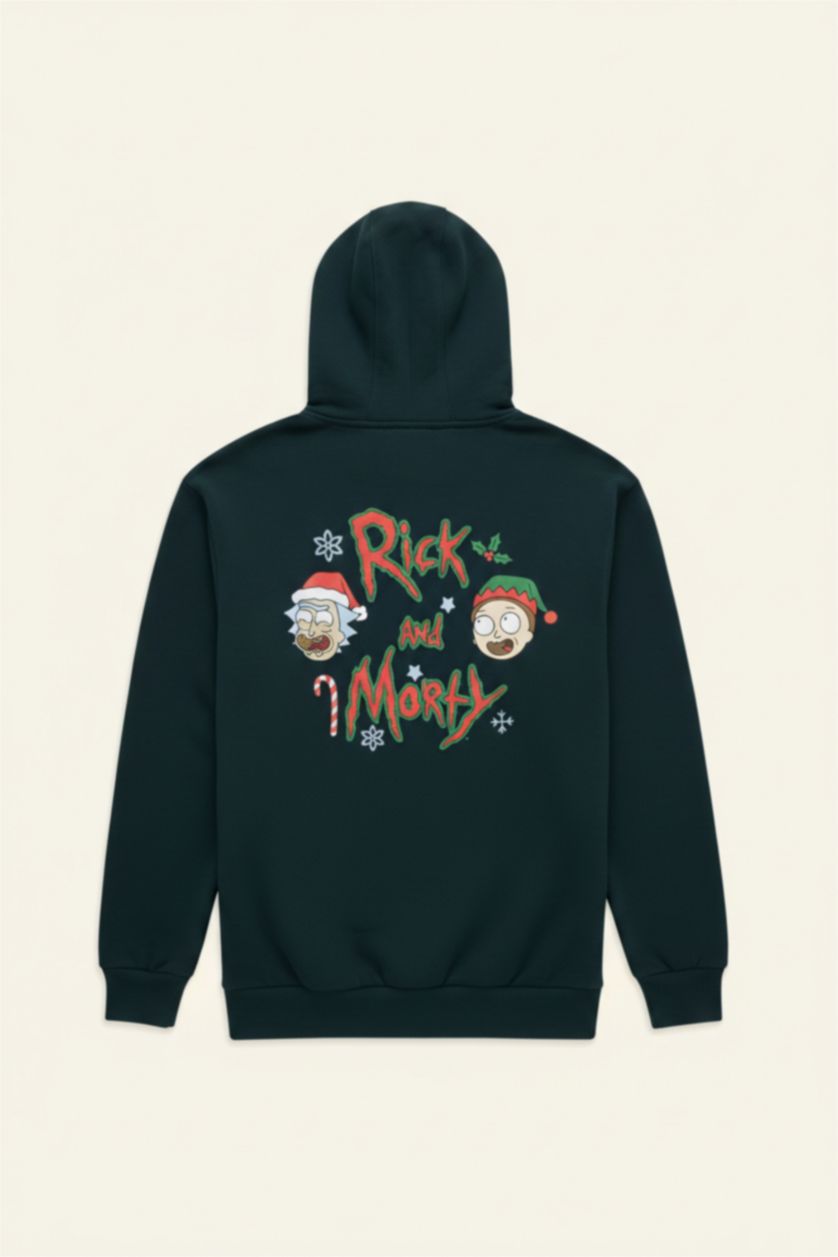 Erkek Yeşil Rick and Morty Boxy Fit Kapüşonlu Sırt Baskılı Sweatshirt