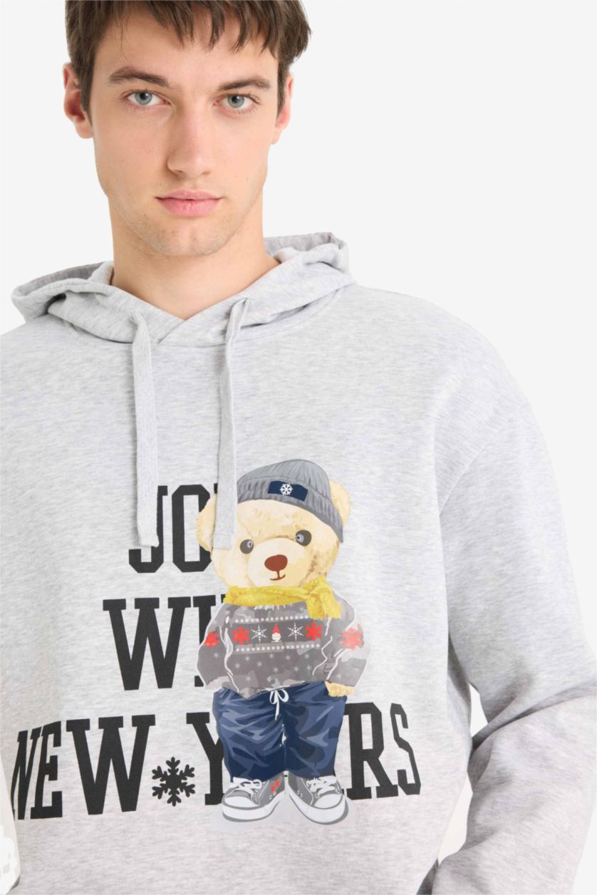 Erkek Gri Melanj Boxy Fıt Kapüşonlu Baskılı Sweatshirt