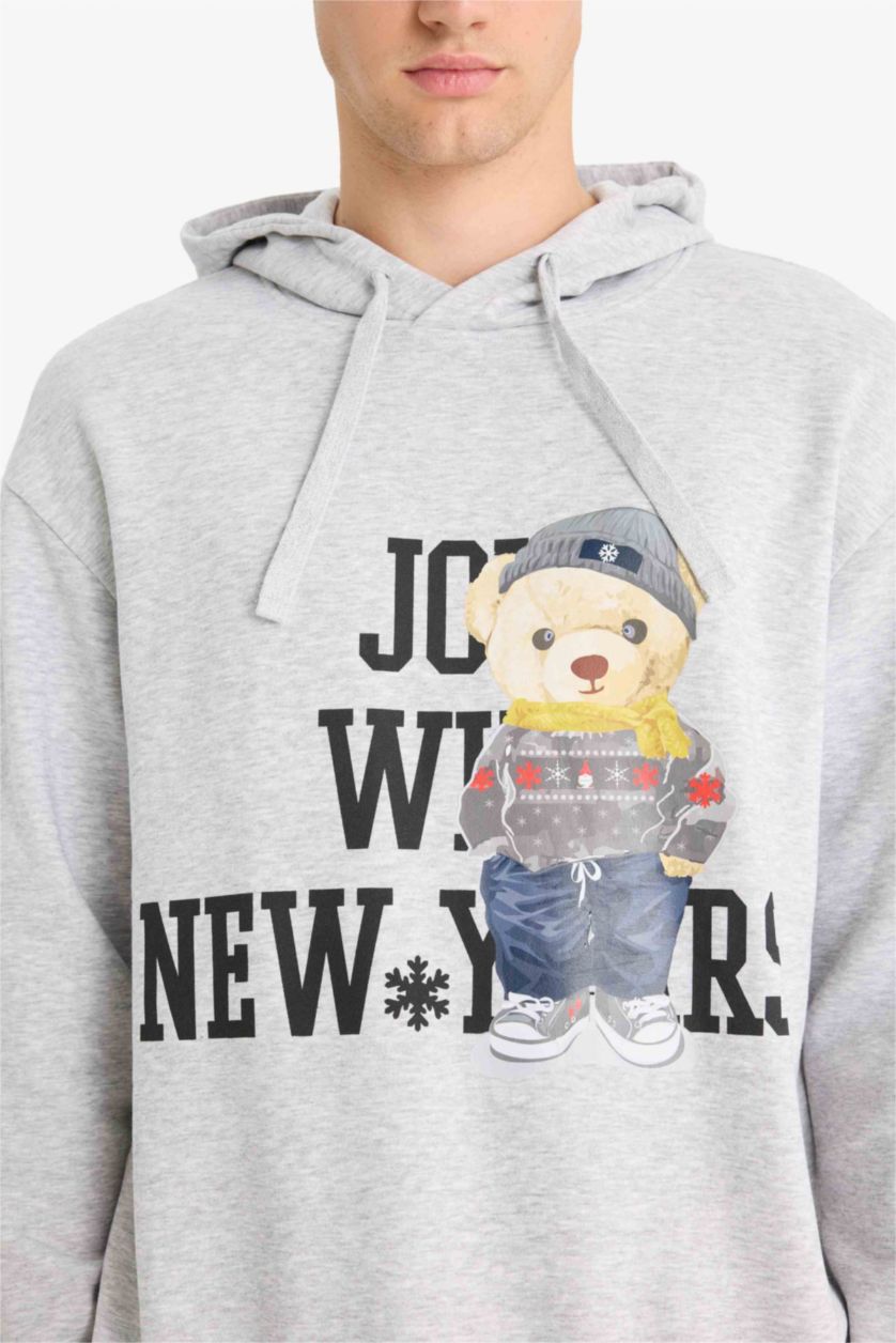 Erkek Gri Melanj Boxy Fıt Kapüşonlu Baskılı Sweatshirt