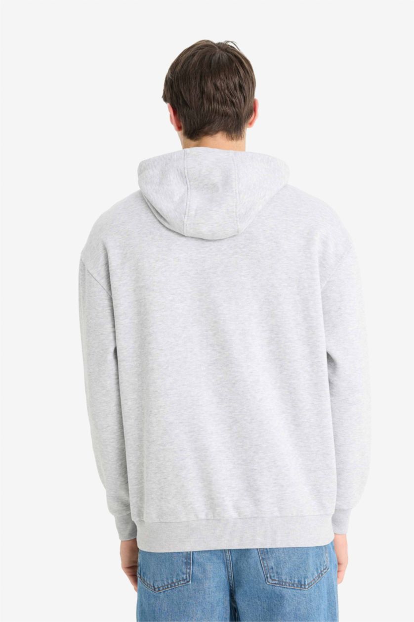 Erkek Gri Melanj Boxy Fıt Kapüşonlu Baskılı Sweatshirt