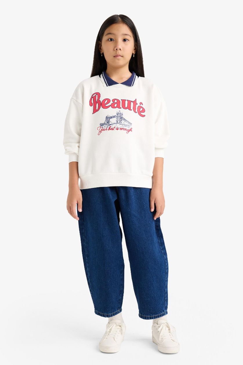 بنات بيج فاتح سويت شيرت بنات اوفر سايز قصة مريحة برقبة بولو