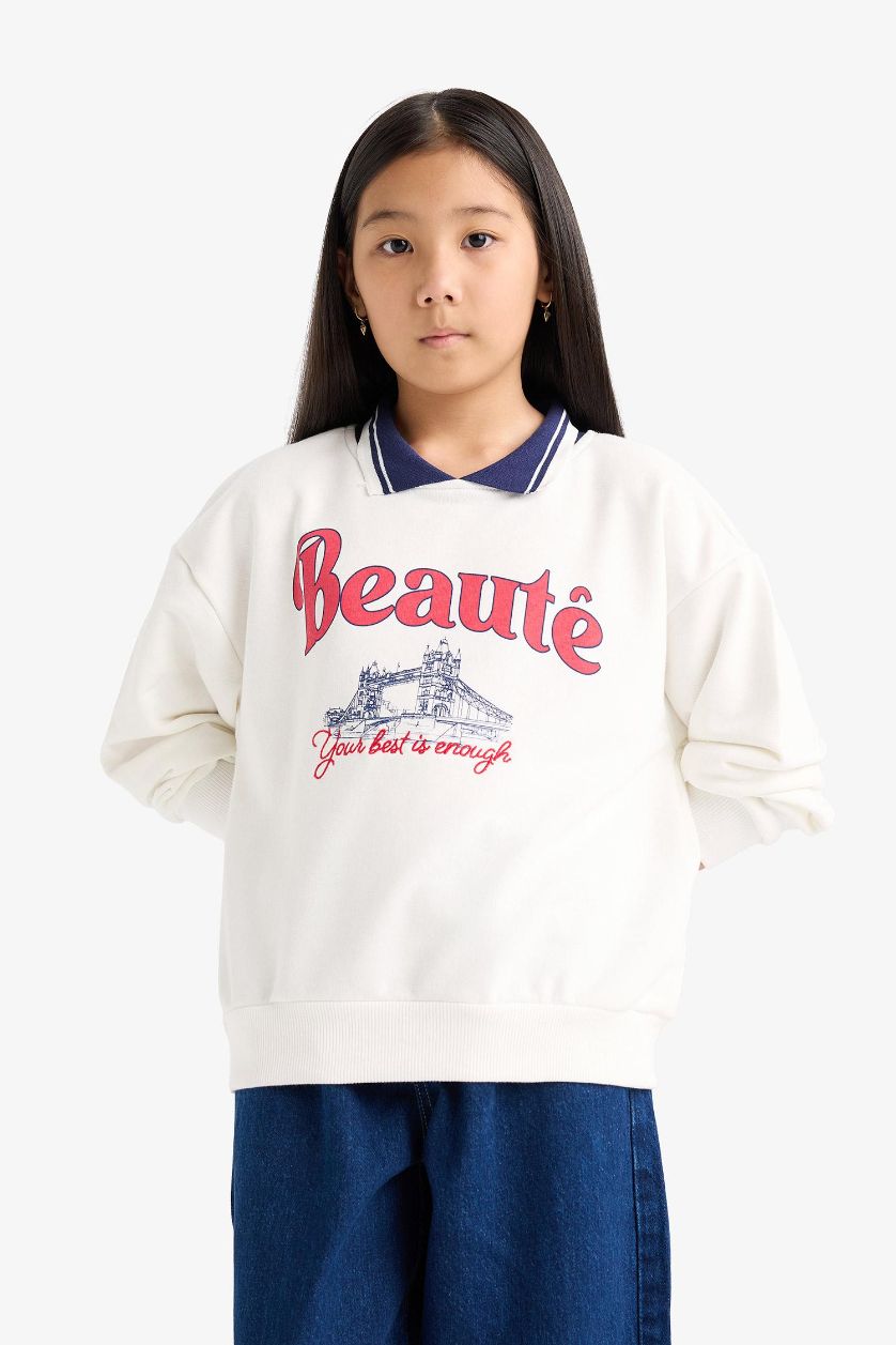 بنات بيج فاتح سويت شيرت بنات اوفر سايز قصة مريحة برقبة بولو