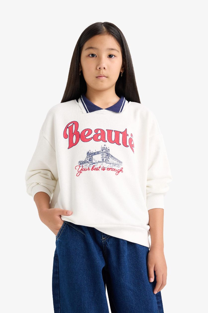 بنات بيج فاتح سويت شيرت بنات اوفر سايز قصة مريحة برقبة بولو